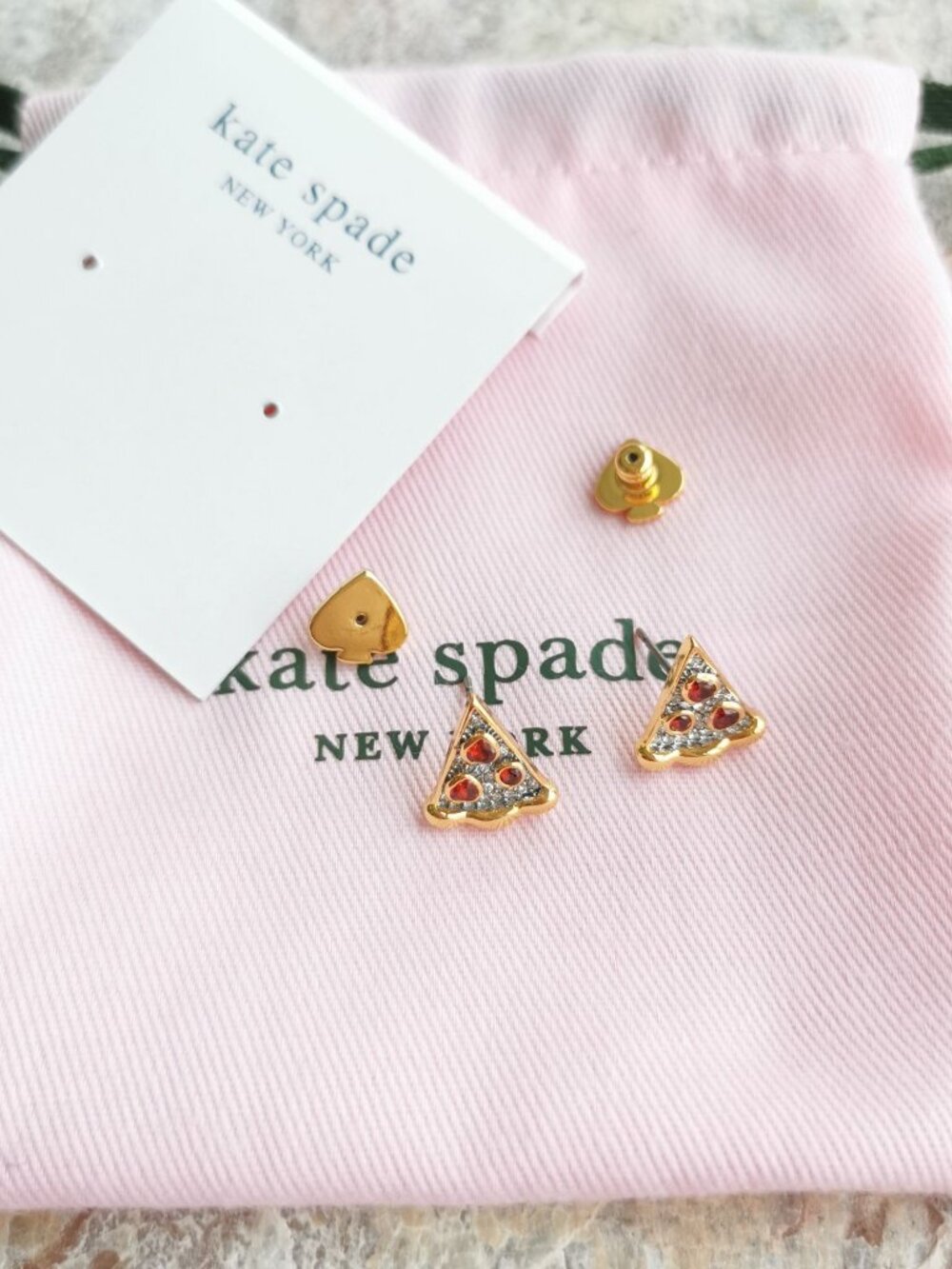 Kate Spade Pizza My Heart Stud Earrings Gold Multicolor Crystal Slice - Picture 4 of 5